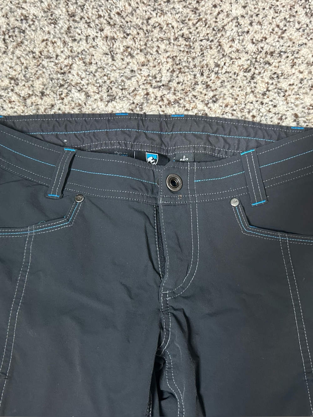 Kuhl women’s Black Pants with Turquoise Stitching, size 2